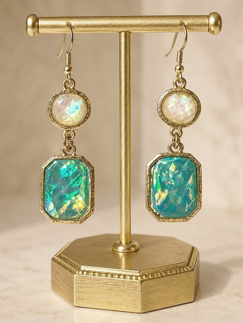Faceted Gold Tone Seafoam Green Iridescent Pierced Earrings Mermaid Beach Theme